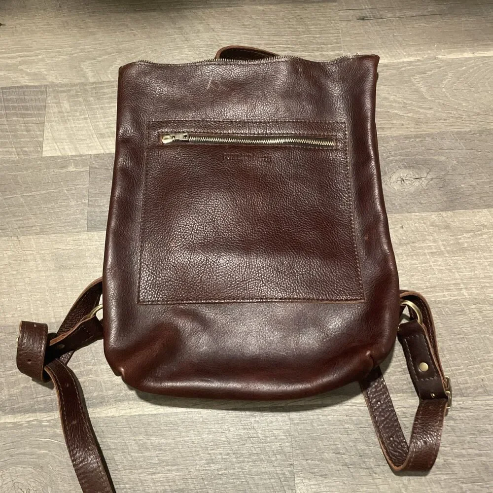 Portland Leather Goods Brown Backpack Zip Closure Outer Pockets Shoulder Strap